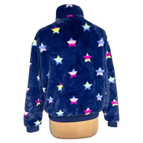 Crown & Ivy blue plush bomber jacket with multicolor star print Size Large - Picture 3 of 8